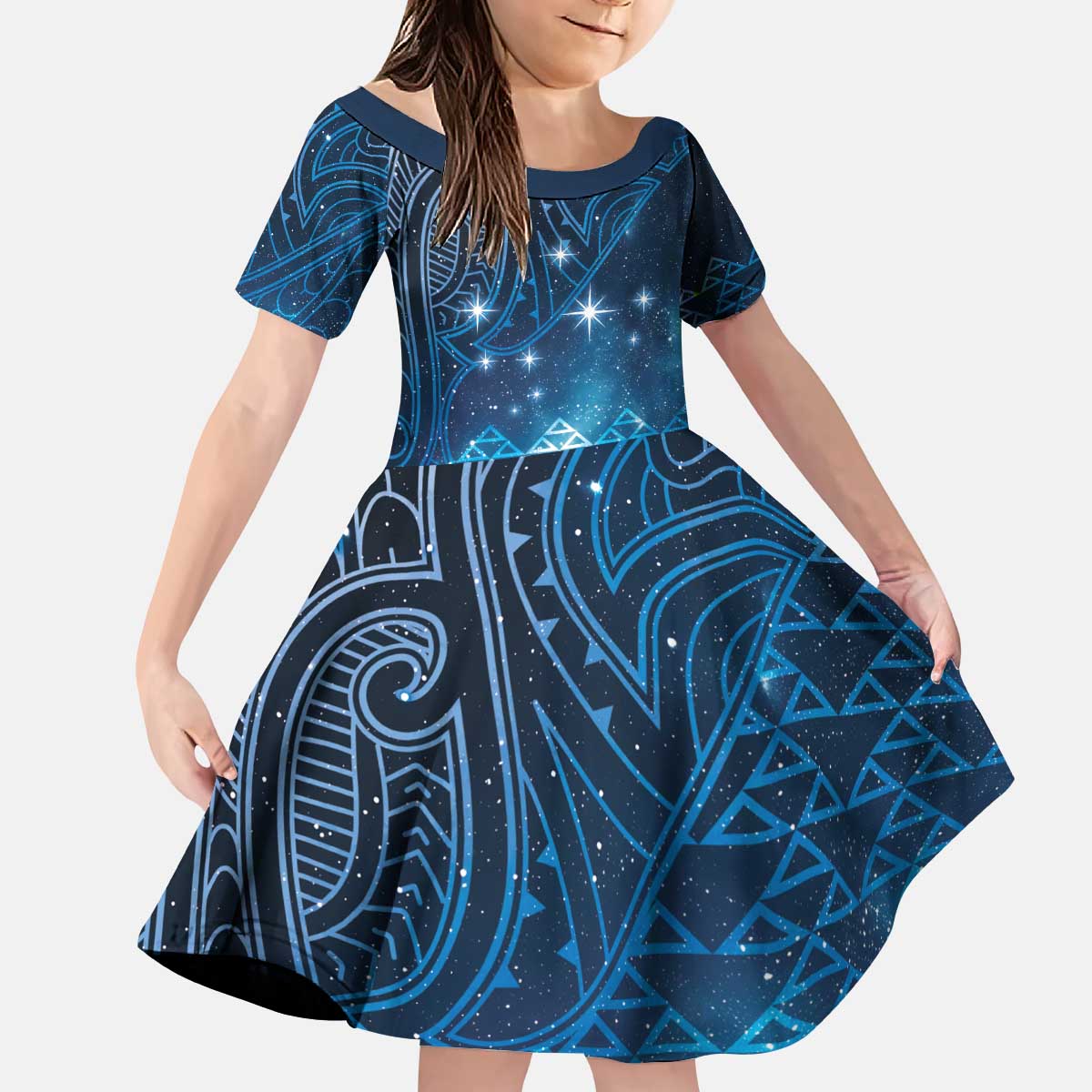 New Zealand Matariki Kid Short Sleeve Dress Taniko Aramoana With Maori Galaxy Sky Night
