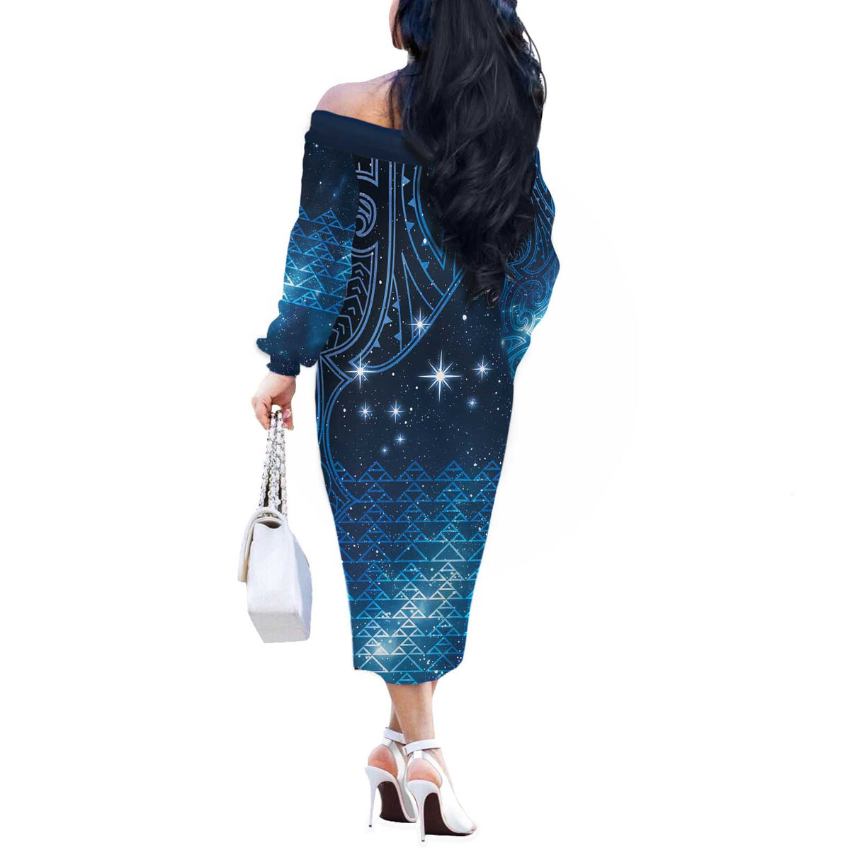 New Zealand Matariki Off The Shoulder Long Sleeve Dress Taniko Aramoana With Maori Galaxy Sky Night LT9 - Polynesian Pride