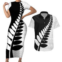 New Zealand Silver Fern Niho Taniwha Couples Matching Short Sleeve Bodycon Dress and Hawaiian Shirt LT9 Black - Polynesian Pride