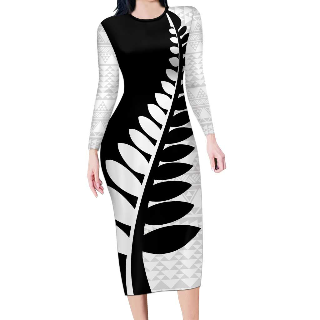 New Zealand Silver Fern Niho Taniwha Family Matching Long Sleeve Bodycon Dress and Hawaiian Shirt LT9 Mom's Dress Black - Polynesian Pride