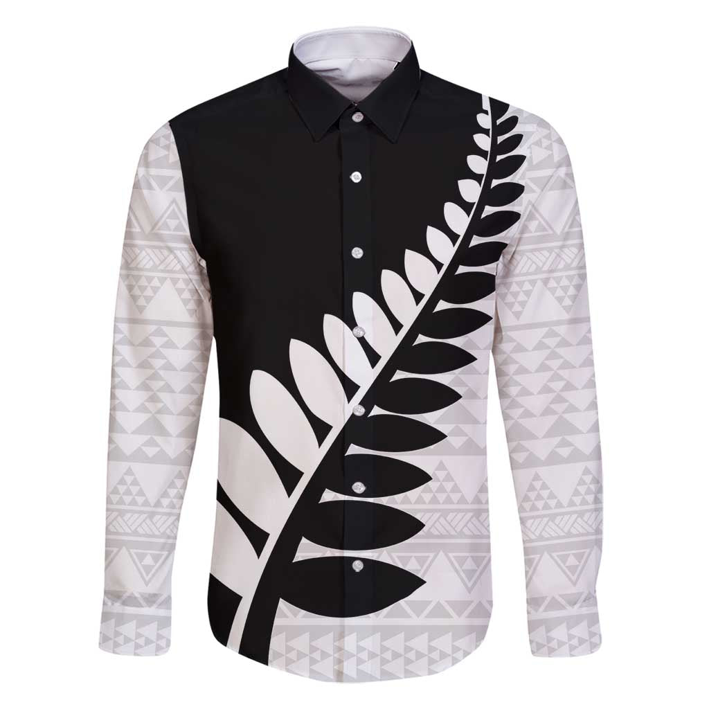 New Zealand Silver Fern Niho Taniwha Family Matching Mermaid Dress and Hawaiian Shirt LT9 Dad's Shirt - Long Sleeve Black - Polynesian Pride