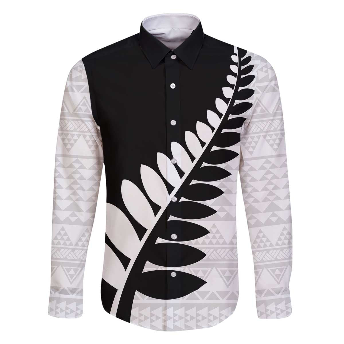 New Zealand Silver Fern Niho Taniwha Family Matching Off The Shoulder Long Sleeve Dress and Hawaiian Shirt LT9 Dad's Shirt - Long Sleeve Black - Polynesian Pride