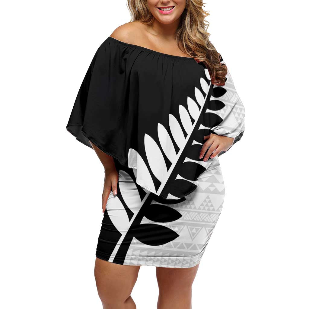 New Zealand Silver Fern Niho Taniwha Family Matching Off Shoulder Short Dress and Hawaiian Shirt LT9 Mom's Dress Black - Polynesian Pride