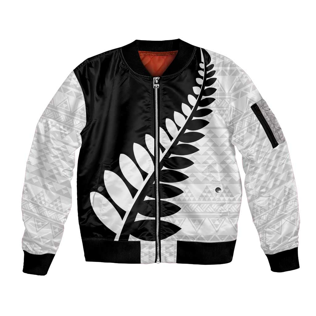 New Zealand Silver Fern Niho Taniwha Sleeve Zip Bomber Jacket LT9 Unisex Black - Polynesian Pride
