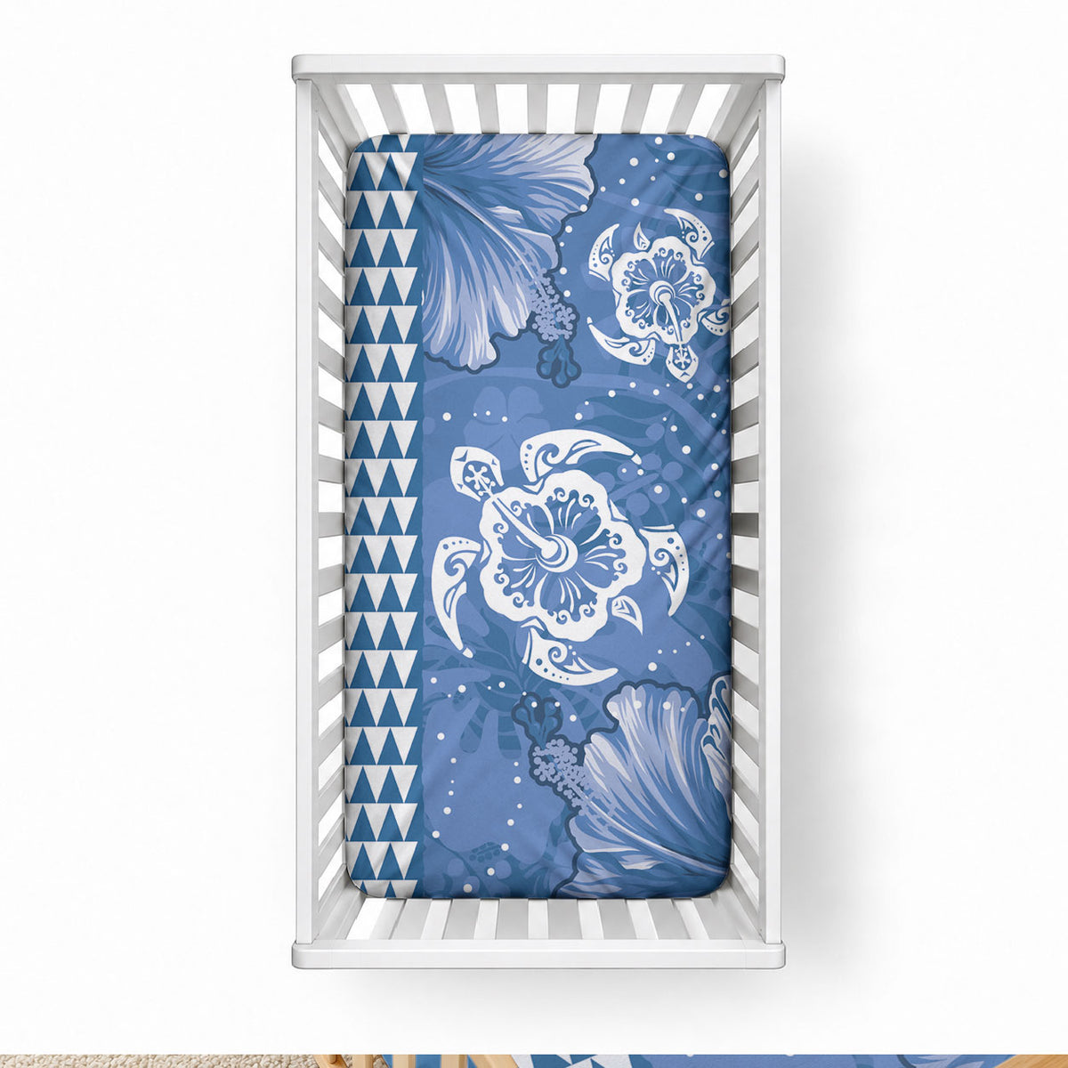 Blue Hibiscus Turtle Baby Bed Cover Hawaiian Style Tribal Tapa Pattern LT9 28 × 52 in Blue - Polynesian Pride
