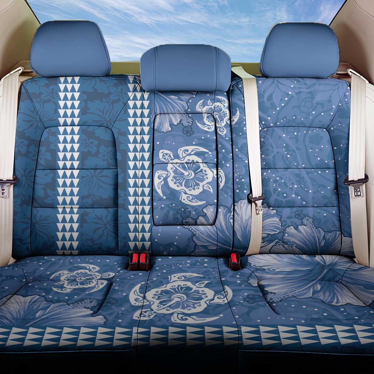 Blue Hibiscus Turle Back Car Seat Cover Hawaiian Style Tribal Tapa Pattern