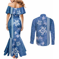 Blue Hibiscus Turle Couples Matching Mermaid Dress and Long Sleeve Button Shirt Hawaiian Style Tribal Tapa Pattern