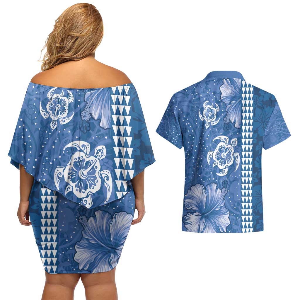 Blue Hibiscus Turle Couples Matching Off Shoulder Short Dress and Hawaiian Shirt Hawaiian Style Tribal Tapa Pattern