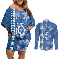Blue Hibiscus Turle Couples Matching Off Shoulder Short Dress and Long Sleeve Button Shirt Hawaiian Style Tribal Tapa Pattern