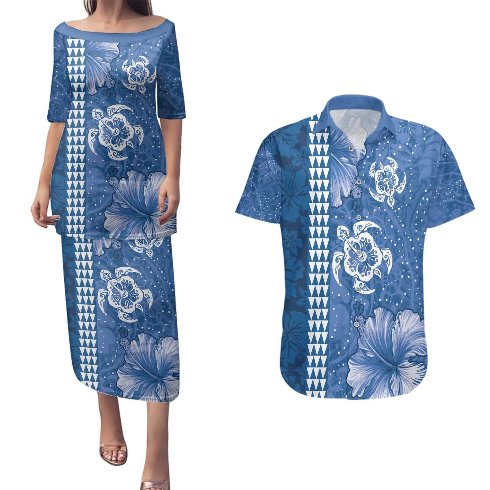 Blue Hibiscus Turle Couples Matching Puletasi and Hawaiian Shirt Hawaiian Style Tribal Tapa Pattern