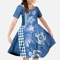 Blue Hibiscus Turle Family Matching Long Sleeve Bodycon Dress and Hawaiian Shirt Hawaiian Style Tribal Tapa Pattern LT9 Daughter's Dress Blue - Polynesian Pride