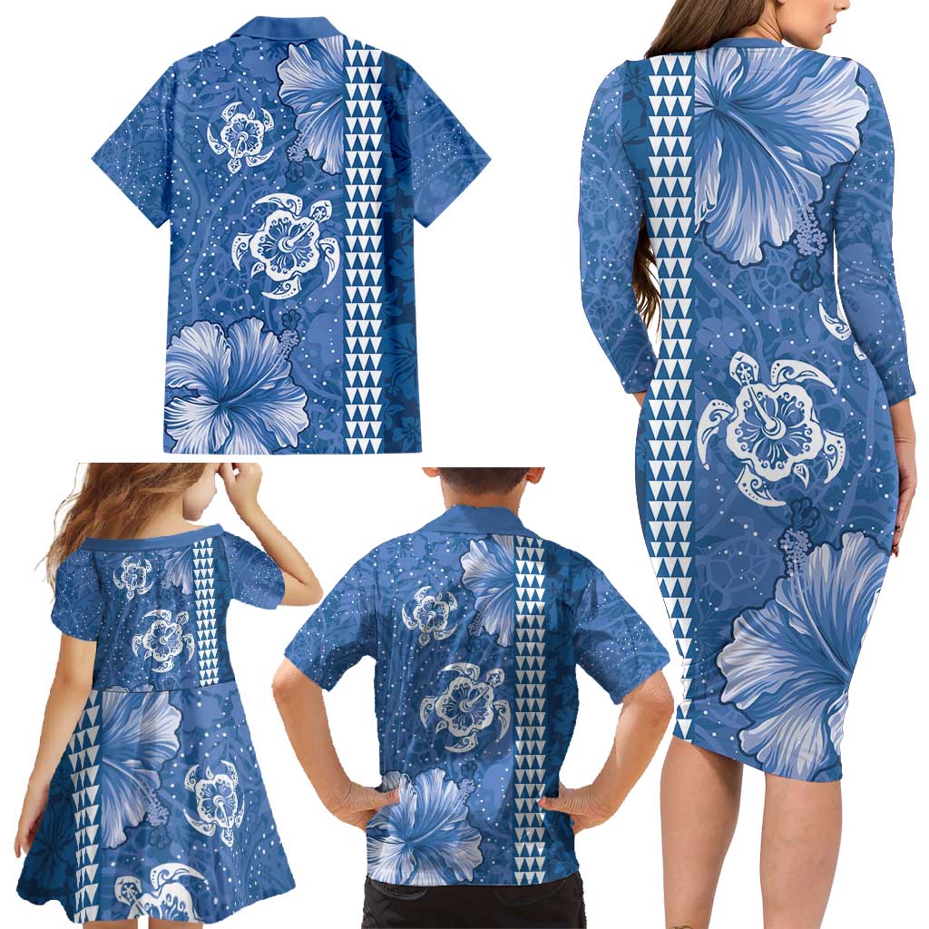 Blue Hibiscus Turle Family Matching Long Sleeve Bodycon Dress and Hawaiian Shirt Hawaiian Style Tribal Tapa Pattern LT9 - Polynesian Pride