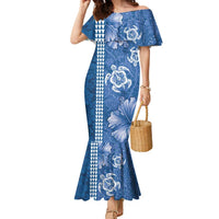 Blue Hibiscus Turle Family Matching Mermaid Dress and Hawaiian Shirt Hawaiian Style Tribal Tapa Pattern LT9 Mom's Dress Blue - Polynesian Pride