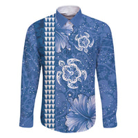 Blue Hibiscus Turle Family Matching Off Shoulder Maxi Dress and Hawaiian Shirt Hawaiian Style Tribal Tapa Pattern LT9 Dad's Shirt - Long Sleeve Blue - Polynesian Pride