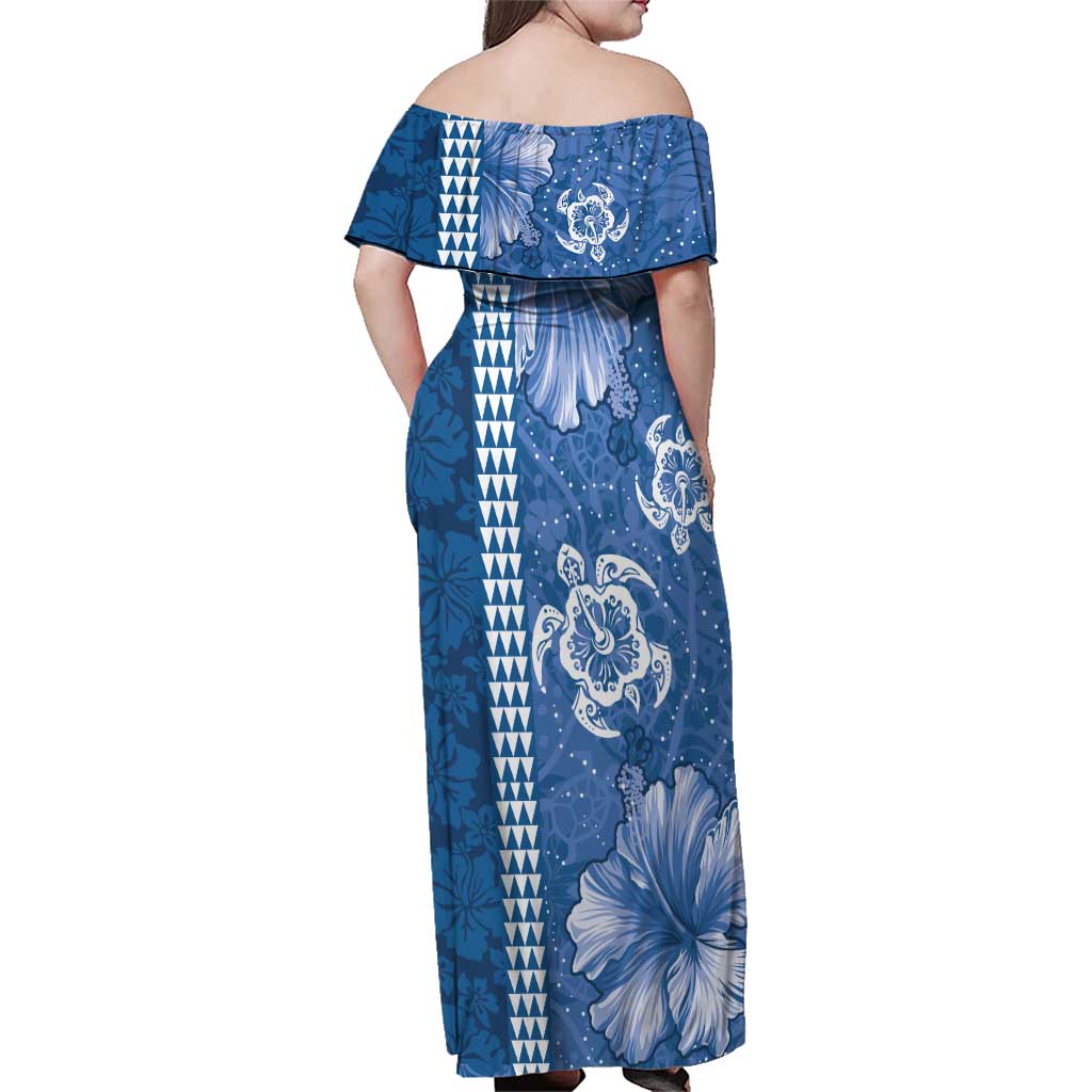 Blue Hibiscus Turle Family Matching Off Shoulder Maxi Dress and Hawaiian Shirt Hawaiian Style Tribal Tapa Pattern LT9 - Polynesian Pride