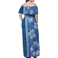 Blue Hibiscus Turle Family Matching Off Shoulder Maxi Dress and Hawaiian Shirt Hawaiian Style Tribal Tapa Pattern LT9 - Polynesian Pride