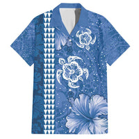 Blue Hibiscus Turle Family Matching Off Shoulder Short Dress and Hawaiian Shirt Hawaiian Style Tribal Tapa Pattern LT9 Dad's Shirt - Short Sleeve Blue - Polynesian Pride