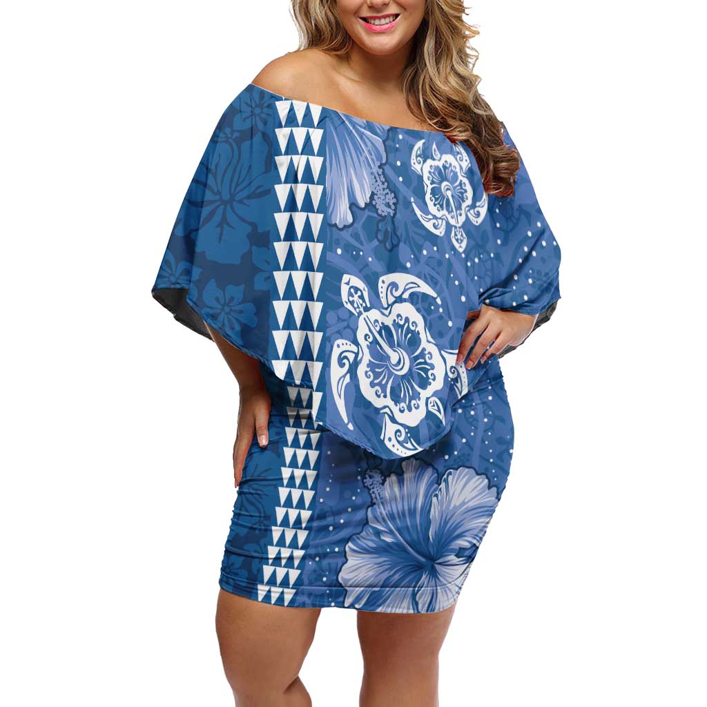 Blue Hibiscus Turle Family Matching Off Shoulder Short Dress and Hawaiian Shirt Hawaiian Style Tribal Tapa Pattern LT9 Mom's Dress Blue - Polynesian Pride
