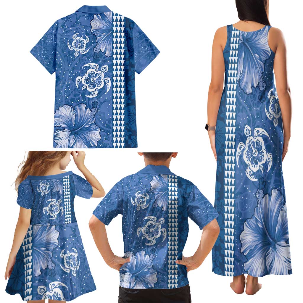 Blue Hibiscus Turle Family Matching Tank Maxi Dress and Hawaiian Shirt Hawaiian Style Tribal Tapa Pattern LT9 - Polynesian Pride