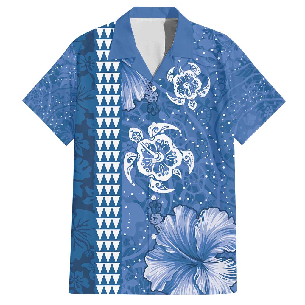 Blue Hibiscus Turle Family Matching Tank Maxi Dress and Hawaiian Shirt Hawaiian Style Tribal Tapa Pattern LT9 Dad's Shirt - Short Sleeve Blue - Polynesian Pride