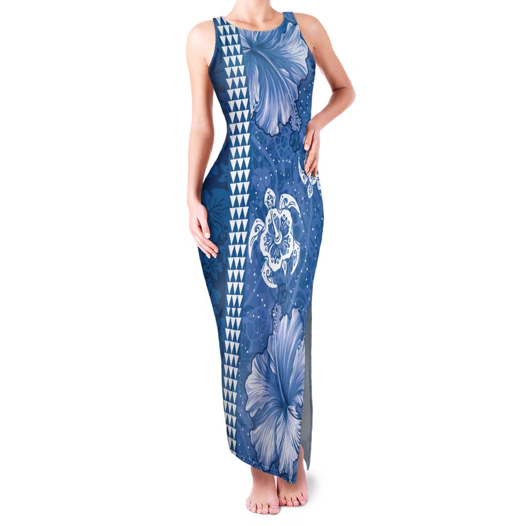 Blue Hibiscus Turle Family Matching Tank Maxi Dress and Hawaiian Shirt Hawaiian Style Tribal Tapa Pattern LT9 Mom's Dress Blue - Polynesian Pride