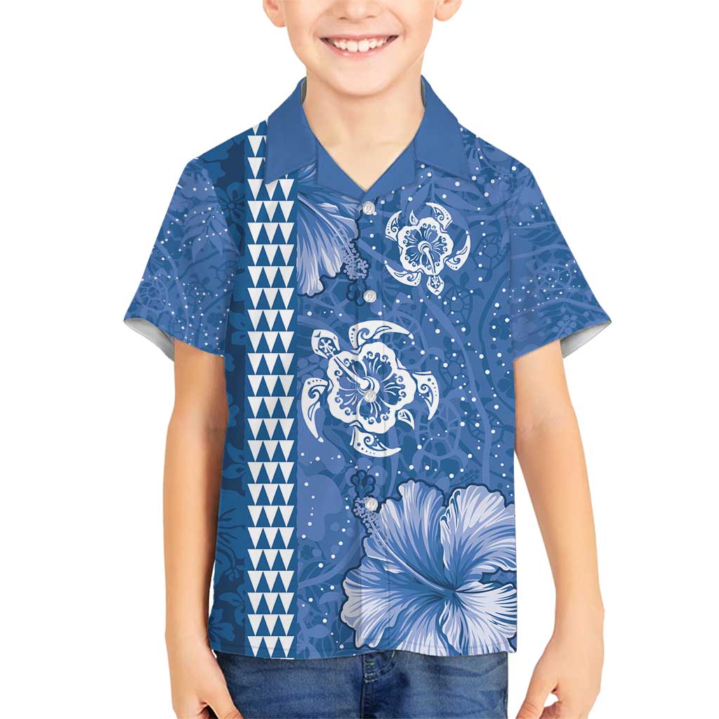 Blue Hibiscus Turle Family Matching Tank Maxi Dress and Hawaiian Shirt Hawaiian Style Tribal Tapa Pattern LT9 Son's Shirt Blue - Polynesian Pride