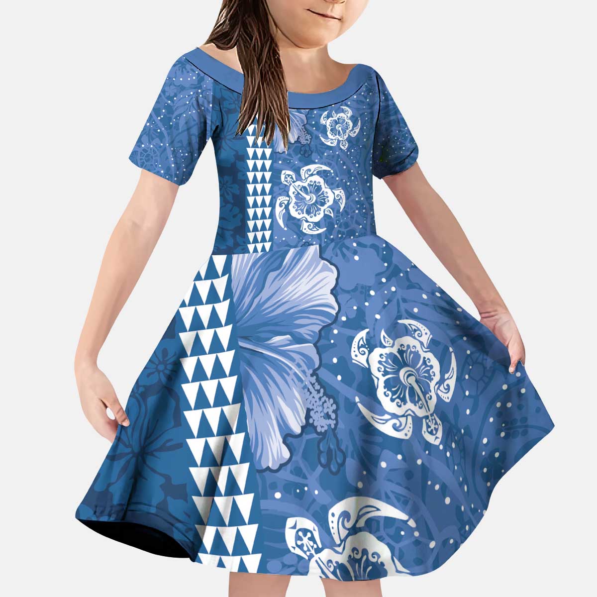 Blue Hibiscus Turle Kid Short Sleeve Dress Hawaiian Style Tribal Tapa Pattern
