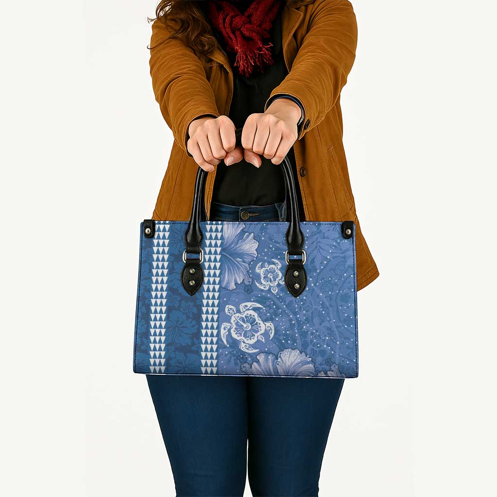 Blue Hibiscus Turle Leather Bag Hawaiian Style Tribal Tapa Pattern - Polynesian Pride