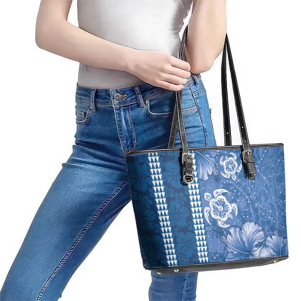 Blue Hibiscus Turle Leather Tote Bag Hawaiian Style Tribal Tapa Pattern LT9 - Polynesian Pride