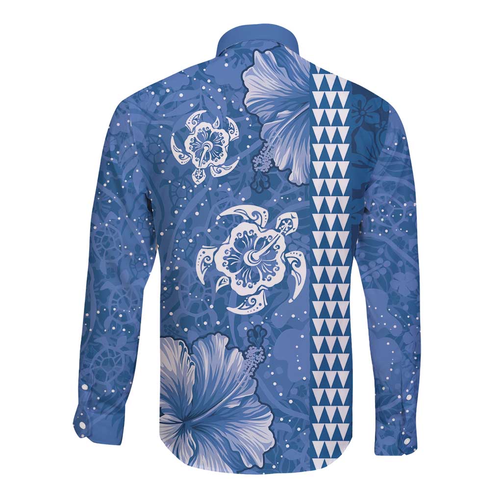 Blue Hibiscus Turle Long Sleeve Button Shirt Hawaiian Style Tribal Tapa Pattern