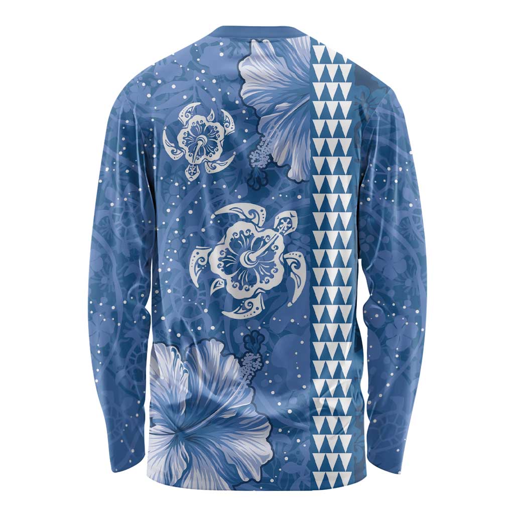 Blue Hibiscus Turle Long Sleeve Shirt Hawaiian Style Tribal Tapa Pattern