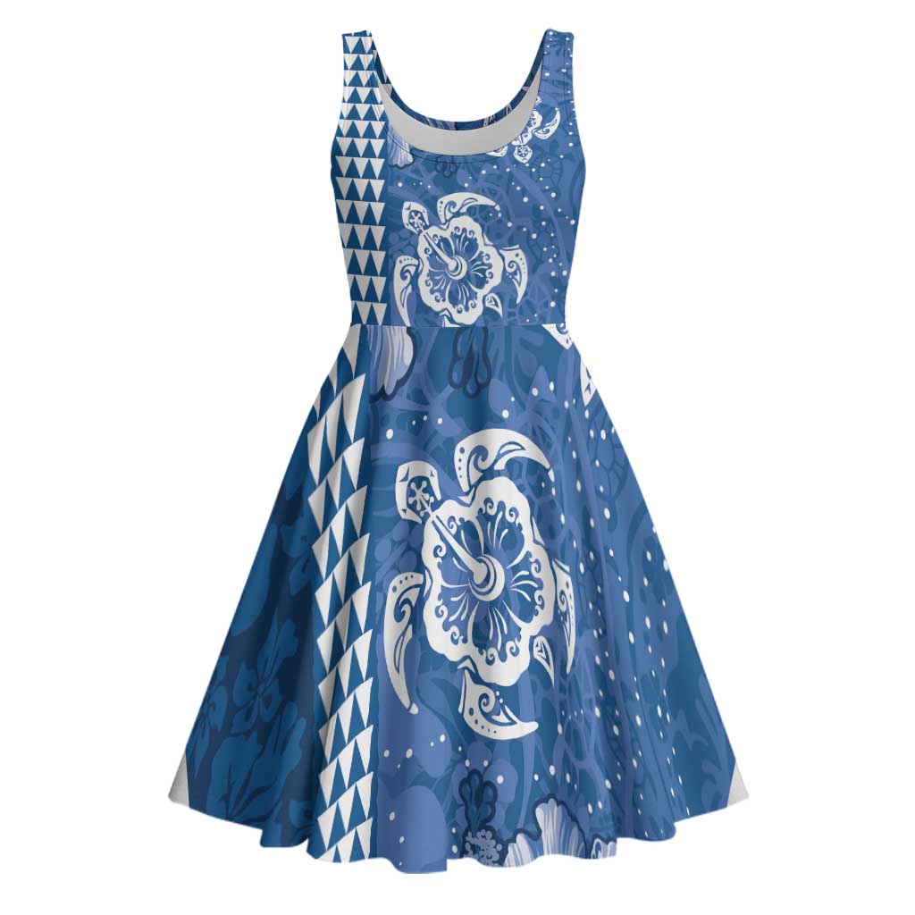 Blue Hibiscus Turle Midi Dress Hawaiian Style Tribal Tapa Pattern LT9 Blue - Polynesian Pride