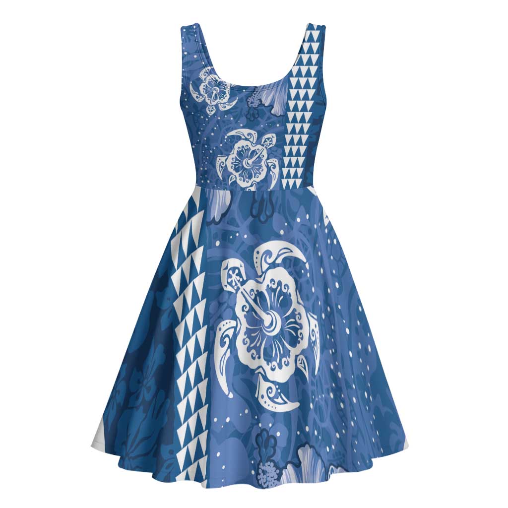 Blue Hibiscus Turle Midi Dress Hawaiian Style Tribal Tapa Pattern LT9 - Polynesian Pride