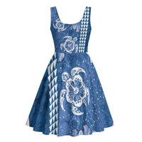 Blue Hibiscus Turle Midi Dress Hawaiian Style Tribal Tapa Pattern LT9 - Polynesian Pride