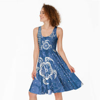 Blue Hibiscus Turle Midi Dress Hawaiian Style Tribal Tapa Pattern LT9 - Polynesian Pride