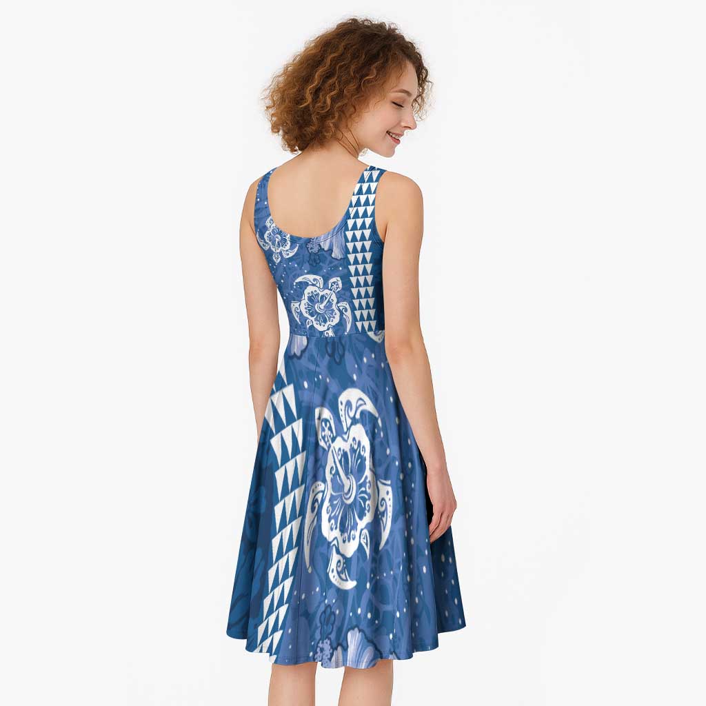 Blue Hibiscus Turle Midi Dress Hawaiian Style Tribal Tapa Pattern LT9 - Polynesian Pride