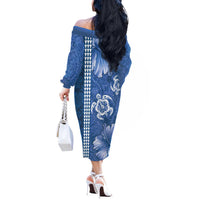 Blue Hibiscus Turle Off The Shoulder Long Sleeve Dress Hawaiian Style Tribal Tapa Pattern