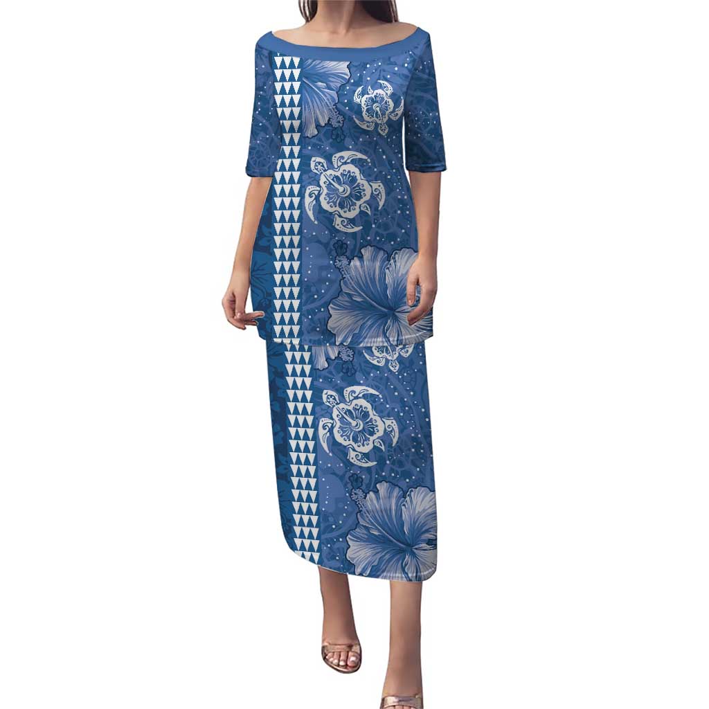 Blue Hibiscus Turle Puletasi Hawaiian Style Tribal Tapa Pattern