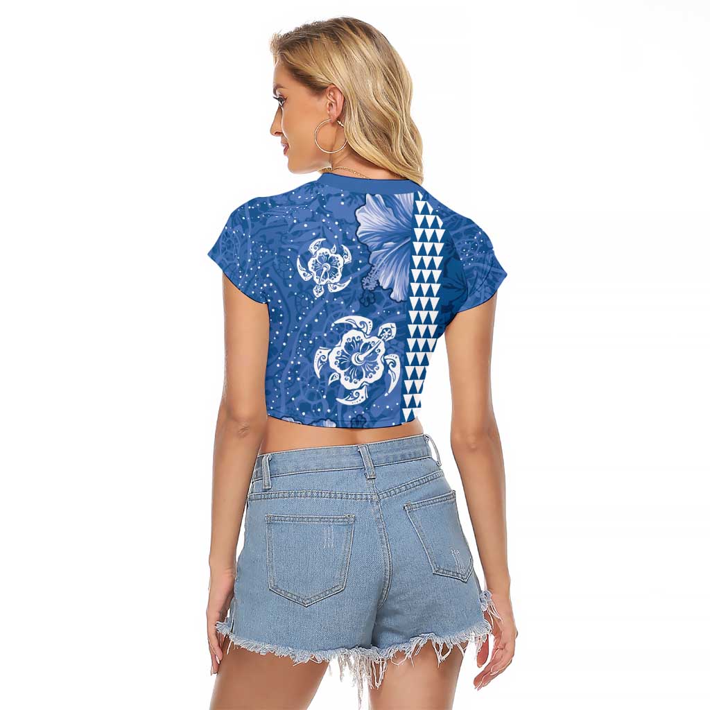 Blue Hibiscus Turle Raglan Cropped T Shirt Hawaiian Style Tribal Tapa Pattern