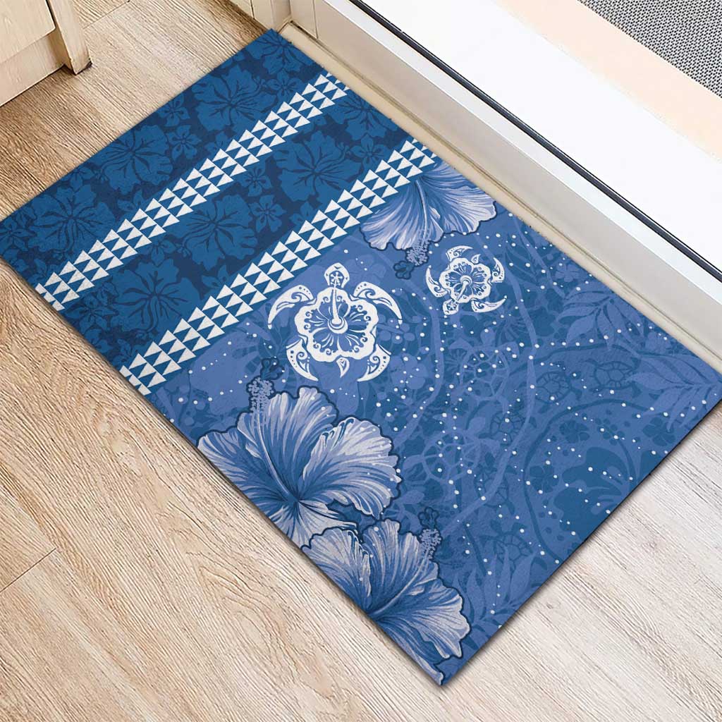 Blue Hibiscus Turle Rubber Doormat Hawaiian Style Tribal Tapa Pattern