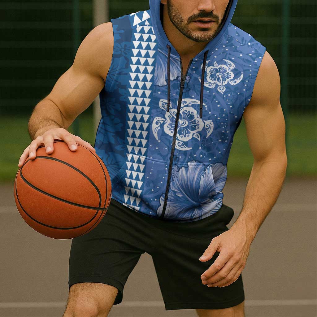 Blue Hibiscus Turle Sleeveless Zip Hoodie Hawaiian Style Tribal Tapa Pattern - Polynesian Pride