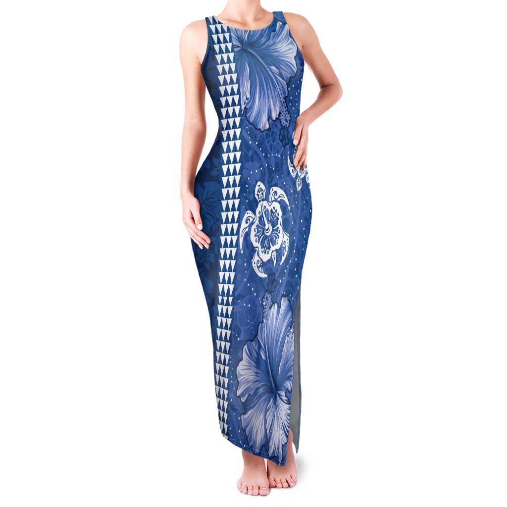 Blue Hibiscus Turle Tank Maxi Dress Hawaiian Style Tribal Tapa Pattern