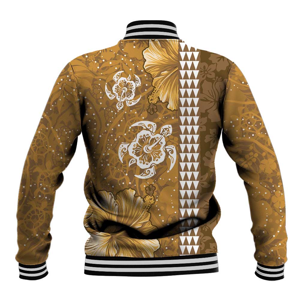 Gold Hibiscus Turle Baseball Jacket Hawaiian Style Tribal Tapa Pattern