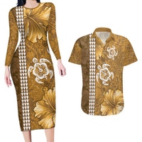 Gold Hibiscus Turle Couples Matching Long Sleeve Bodycon Dress and Hawaiian Shirt Hawaiian Style Tribal Tapa Pattern
