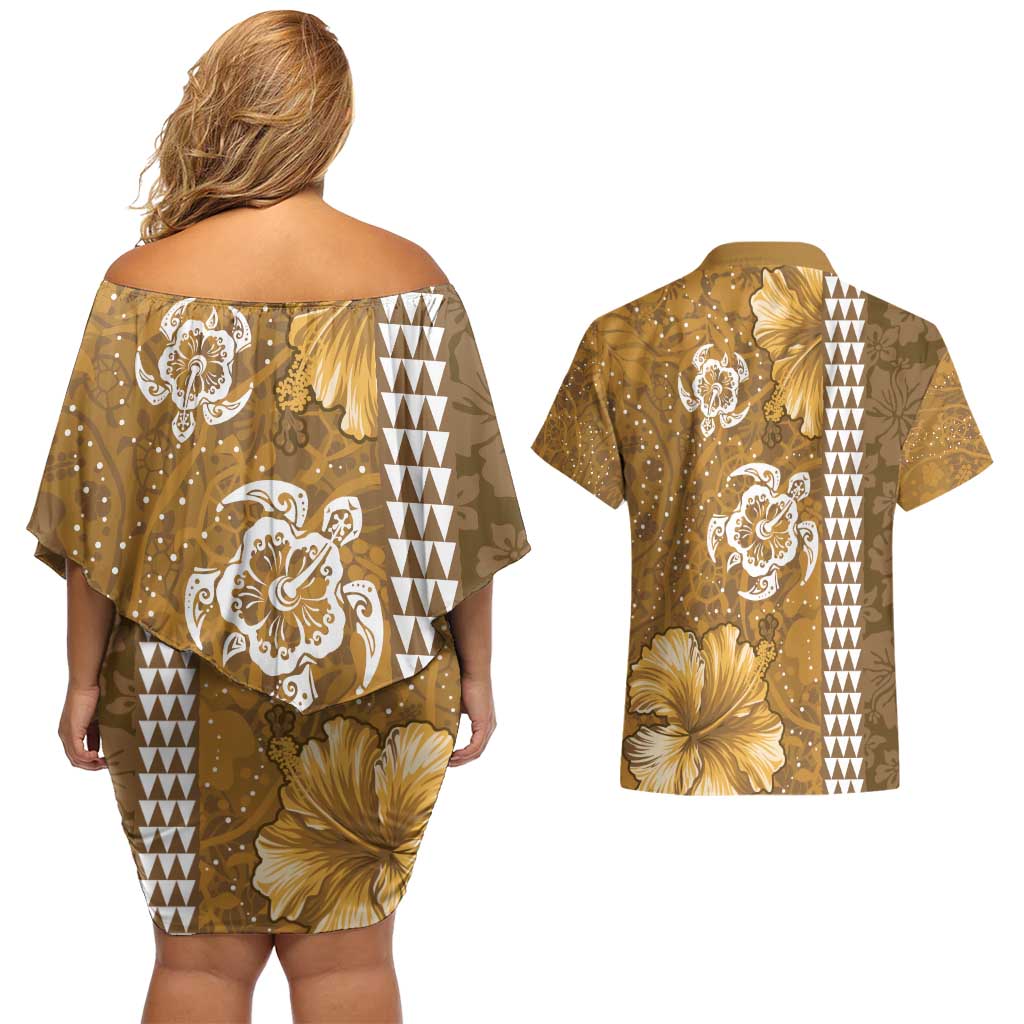 Gold Hibiscus Turle Couples Matching Off Shoulder Short Dress and Hawaiian Shirt Hawaiian Style Tribal Tapa Pattern