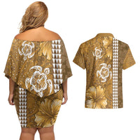Gold Hibiscus Turle Couples Matching Off Shoulder Short Dress and Hawaiian Shirt Hawaiian Style Tribal Tapa Pattern