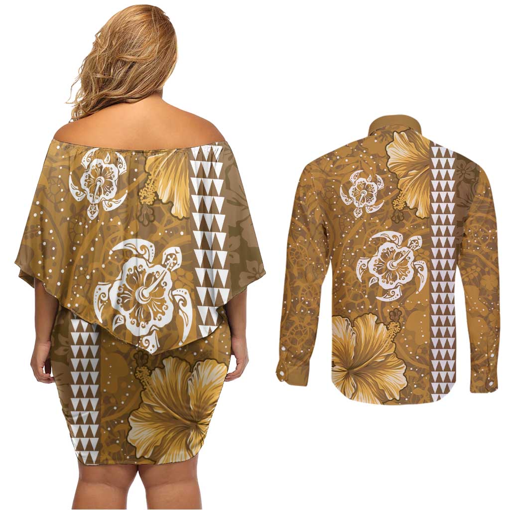 Gold Hibiscus Turle Couples Matching Off Shoulder Short Dress and Long Sleeve Button Shirt Hawaiian Style Tribal Tapa Pattern