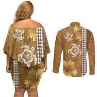 Gold Hibiscus Turle Couples Matching Off Shoulder Short Dress and Long Sleeve Button Shirt Hawaiian Style Tribal Tapa Pattern