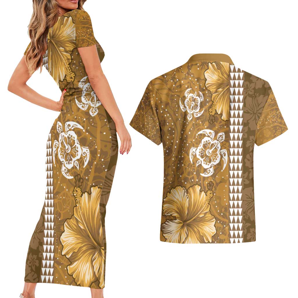 Gold Hibiscus Turle Couples Matching Short Sleeve Bodycon Dress and Hawaiian Shirt Hawaiian Style Tribal Tapa Pattern