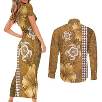 Gold Hibiscus Turle Couples Matching Short Sleeve Bodycon Dress and Long Sleeve Button Shirt Hawaiian Style Tribal Tapa Pattern